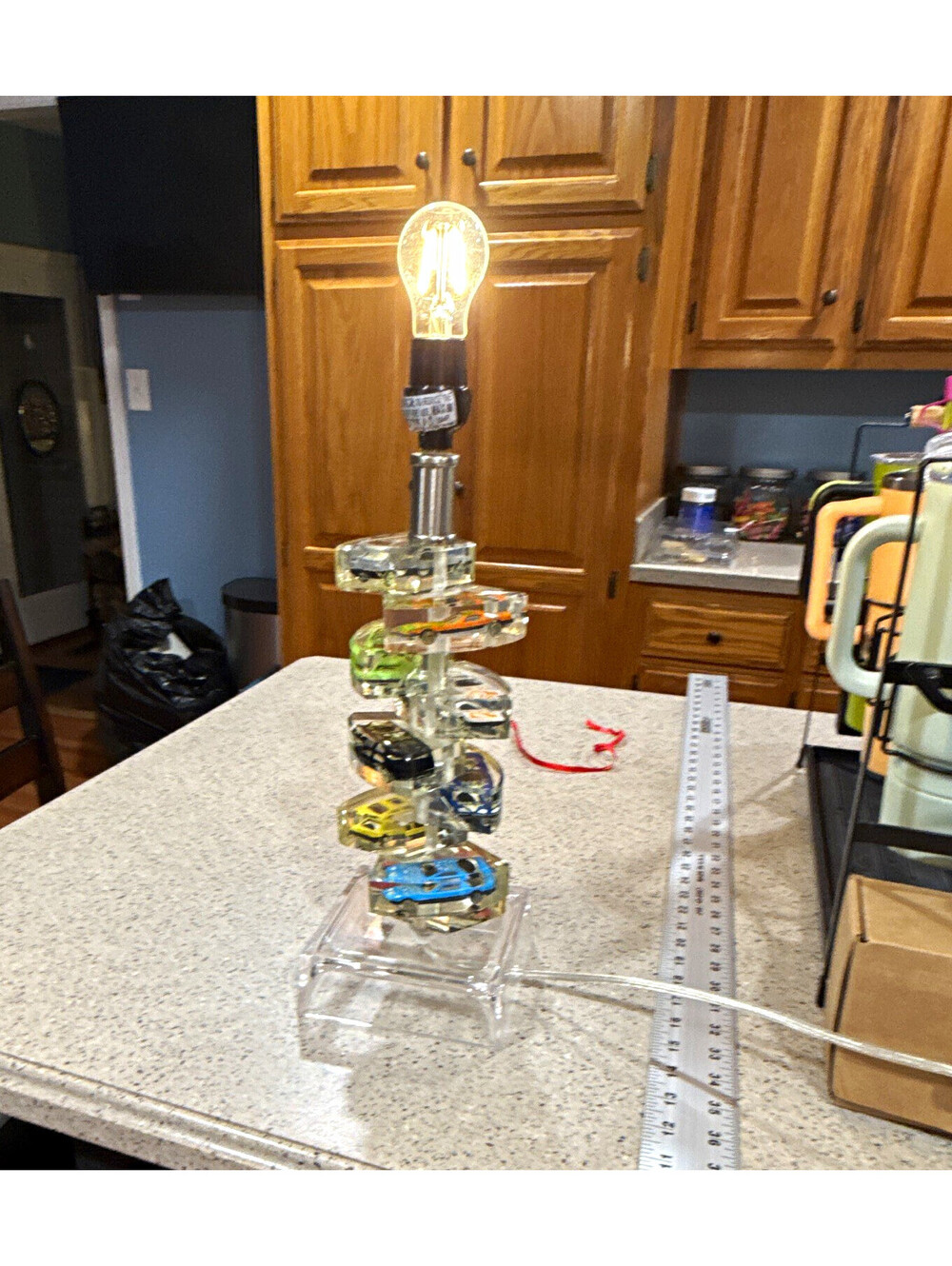 Vintage Toy Car Clear Acrylic Table Lamp Embedded Hot Wheels/Matchbox